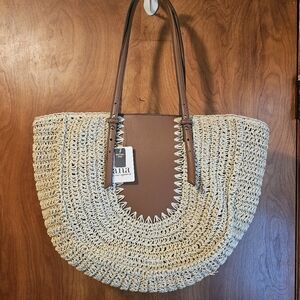 A.N.A. Natural Straw Brown and Cream Woven Tote Bag NWT